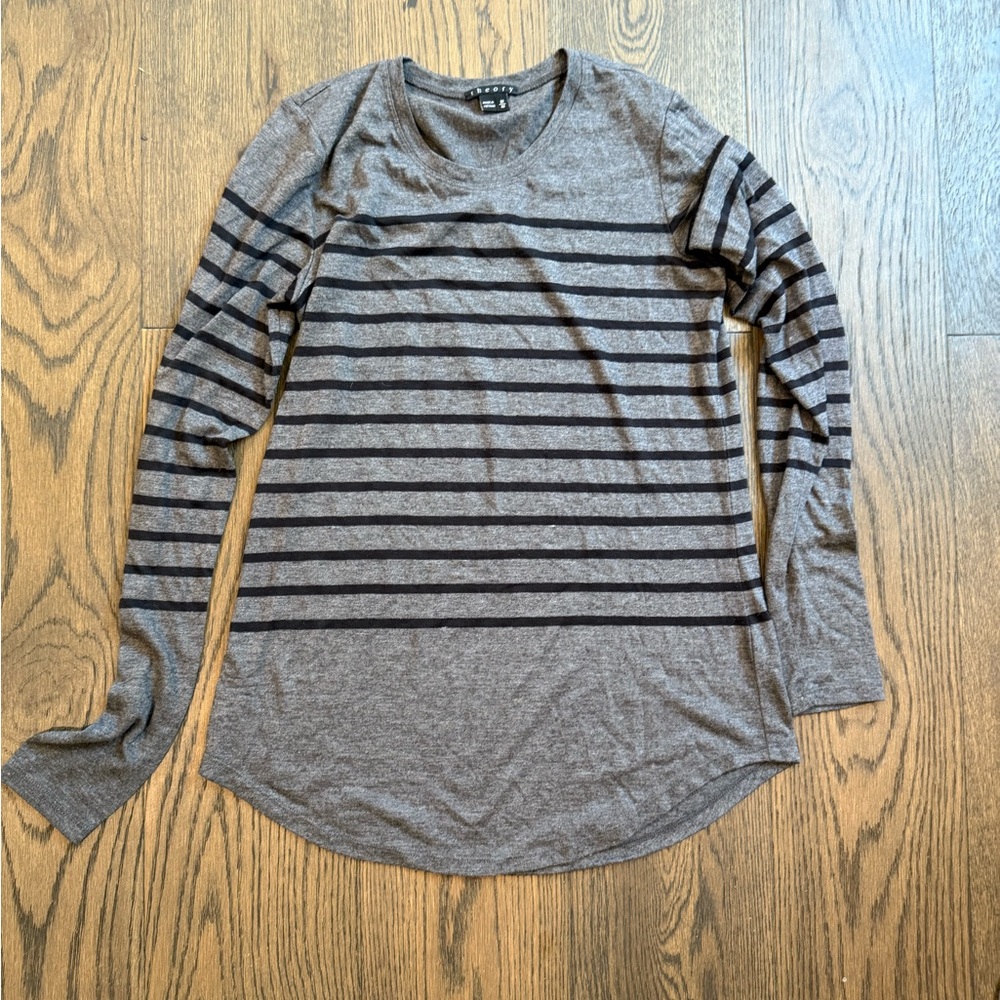 Theory Gray and Black Striped Long Sleeve Tee